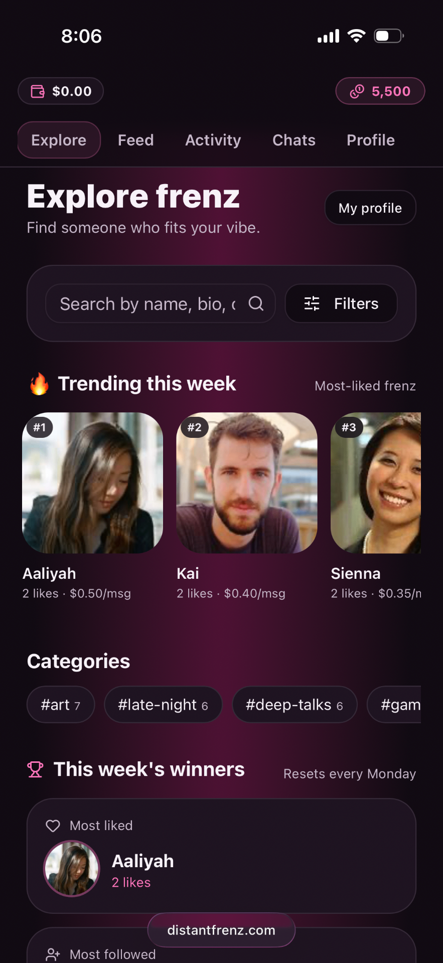 DistantFrenz Explore tab showing trending Frenz