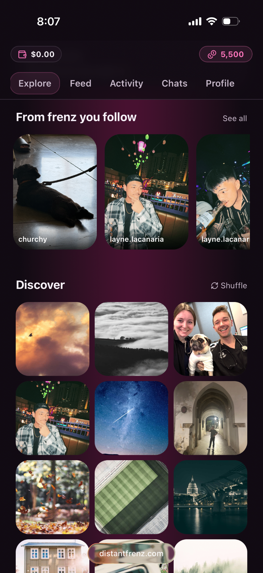DistantFrenz Explore tab with frenz you follow and Discover grid